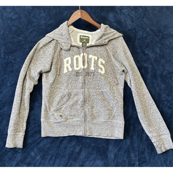 Roots Tops - Roots Canada Womens Hooded Sweatshirt Size M Full Zip Gray Spellout Letters Y2K